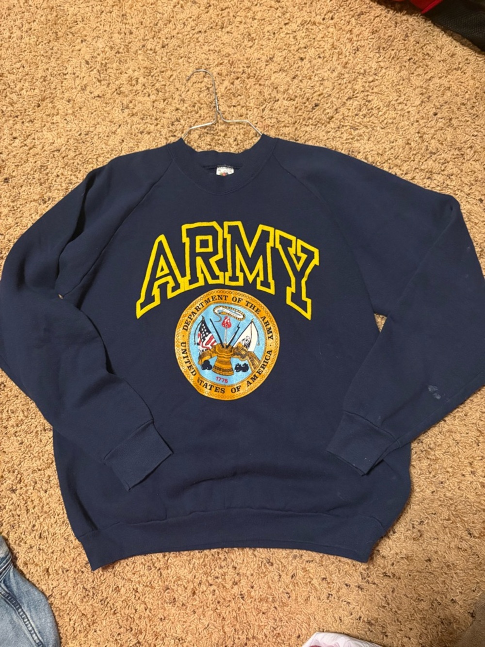 Fruit of the Loom Navy Crewneck Sweatshirt with Yellow ARMY Graphic
